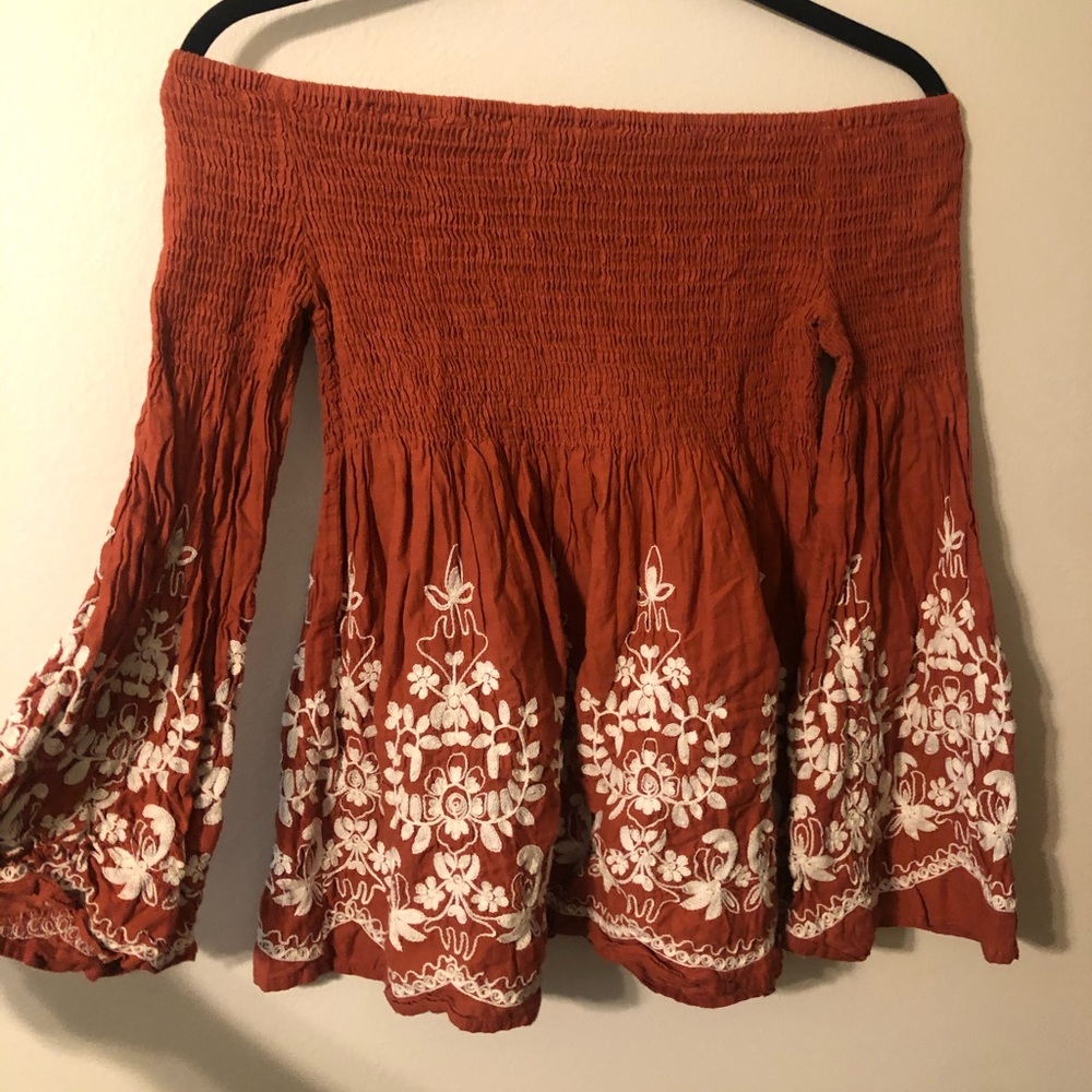 Orange and cream off the shoulder top